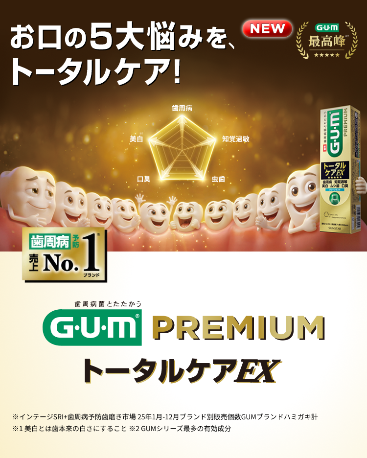 お口の5大悩みをトータルケア! ガム・プレミアム デンタルペースト トータルケアEX