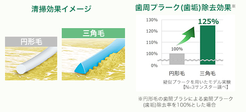 清掃効果イメージ 円形毛 独自開発の三角毛 歯周プラーク（歯垢）除去効果 円形毛 三角毛 ※円形毛の歯間ブラシによる歯周プラーク（歯垢）除去率を100％とした場合
