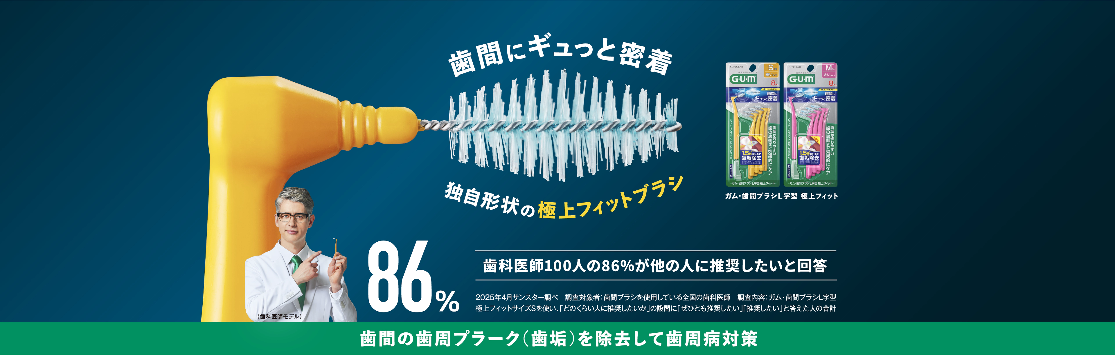 ガム･歯間ブラシL字型 極上フィット 歯間にギュっと密着 独自形状の極上フィットブラシ 歯科医師100人の86%が他の人に推奨したいと回答 2025年4月サンスター調べ　調査対象者：歯間ブラシを使用している全国の歯科医師　調査内容：ガム・歯間ブラシL字型 極上フィットサイズSを使い、「どのくらい人に推奨したいか」の設問に「ぜひとも推奨したい」「推奨したい」と答えた人の合計 歯間の歯周プラーク（歯垢）を除去して歯周病対策